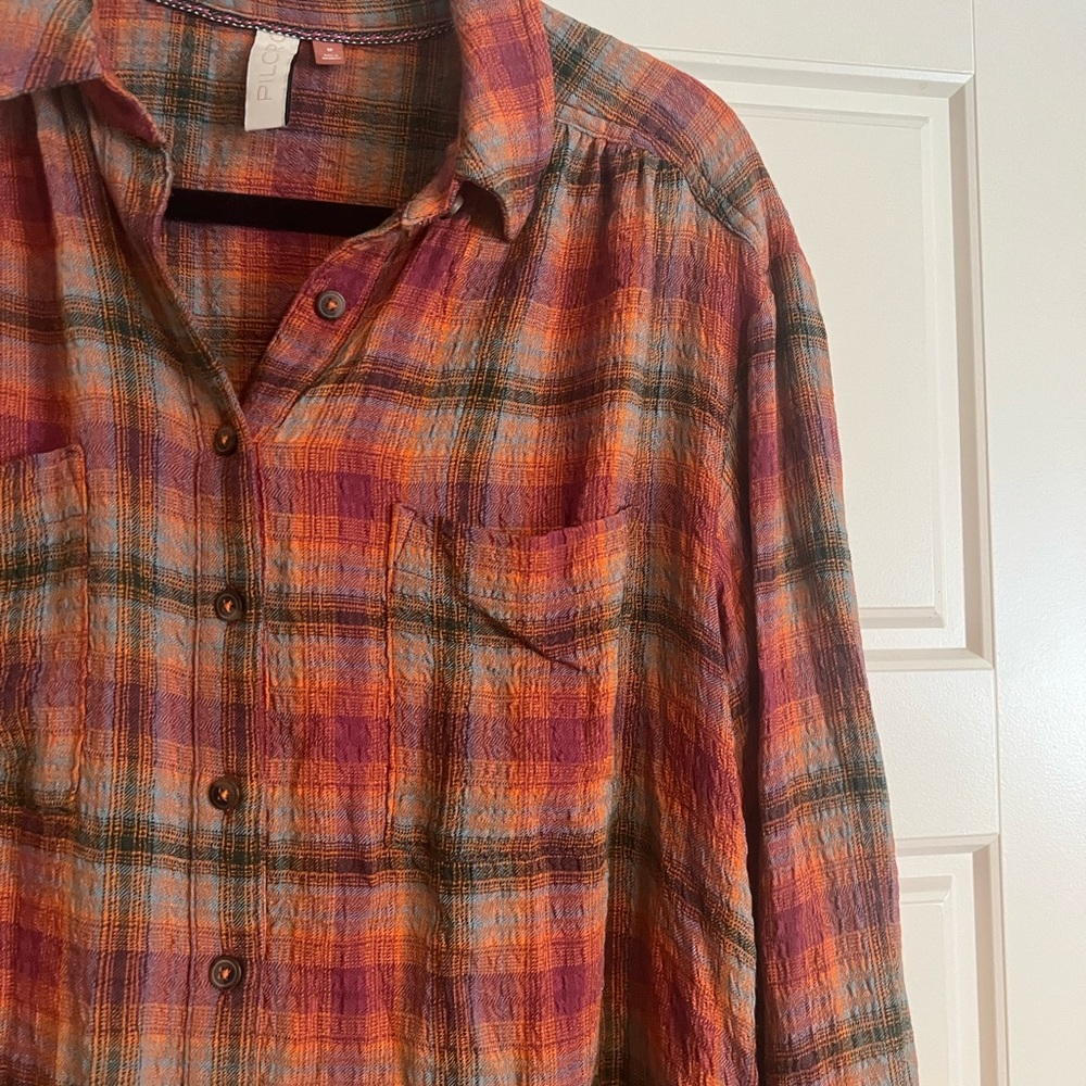 Anthropologie plaid button down shirt Pilcro, relaxed fit rust Maeve - Picture 4 of 7